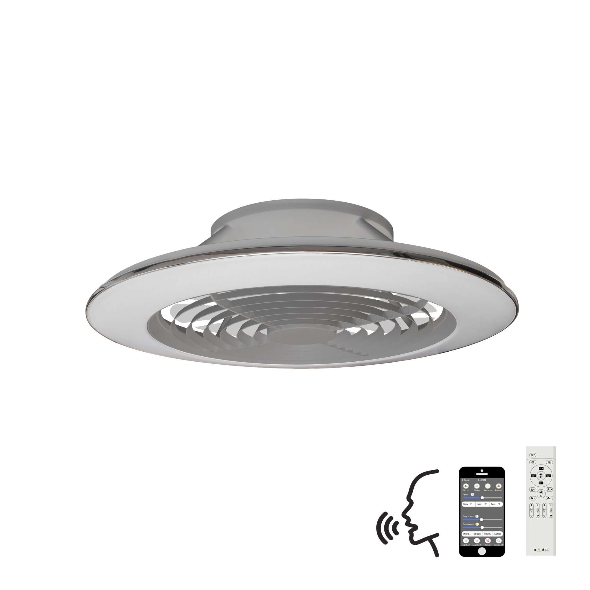 M7491  Alisio XL 95W LED Dimmable Ceiling Light & Fan; Remote / APP / Voice Controlled Silver